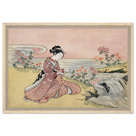 Young Woman Gathering Chrysanthemums by the Stream– Japanese Ukiyo - e Wall Art Print - Framed Canvas - 40x60 cm / 16x24″ - Wood frame