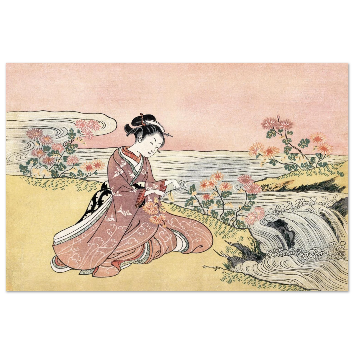Young Woman Gathering Chrysanthemums by the Stream– Japanese Ukiyo - e Wall Art Print - Fine Art Poster - 60x90 cm / 24x36″ - 