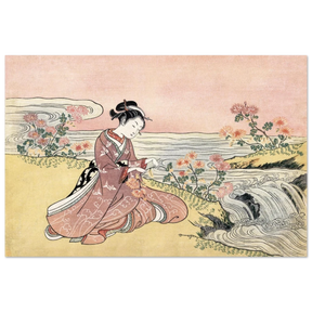Young Woman Gathering Chrysanthemums by the Stream– Japanese Ukiyo - e Wall Art Print - Fine Art Poster - 60x90 cm / 24x36″ - 