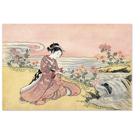 Young Woman Gathering Chrysanthemums by the Stream– Japanese Ukiyo - e Wall Art Print - Fine Art Poster - 60x90 cm / 24x36″ - 