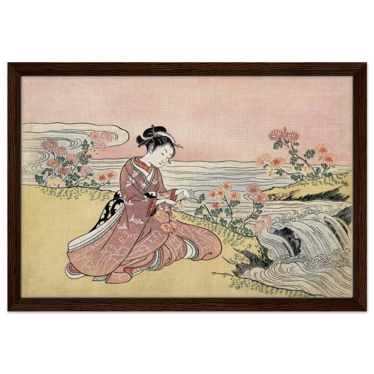 Young Woman Gathering Chrysanthemums by the Stream– Japanese Ukiyo - e Wall Art Print - Framed Canvas - 40x60 cm / 16x24″ - Dark wood frame