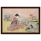 Young Woman Gathering Chrysanthemums by the Stream– Japanese Ukiyo - e Wall Art Print - Framed Canvas - 40x60 cm / 16x24″ - Dark wood frame