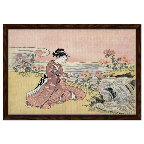 Young Woman Gathering Chrysanthemums by the Stream– Japanese Ukiyo - e Wall Art Print - Framed Canvas - 40x60 cm / 16x24″ - Dark wood frame