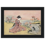 Young Woman Gathering Chrysanthemums by the Stream– Japanese Ukiyo - e Wall Art Print - Framed Canvas - 20x30 cm / 8x12″ - Black frame