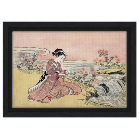 Young Woman Gathering Chrysanthemums by the Stream– Japanese Ukiyo - e Wall Art Print - Framed Canvas - 20x30 cm / 8x12″ - Black frame