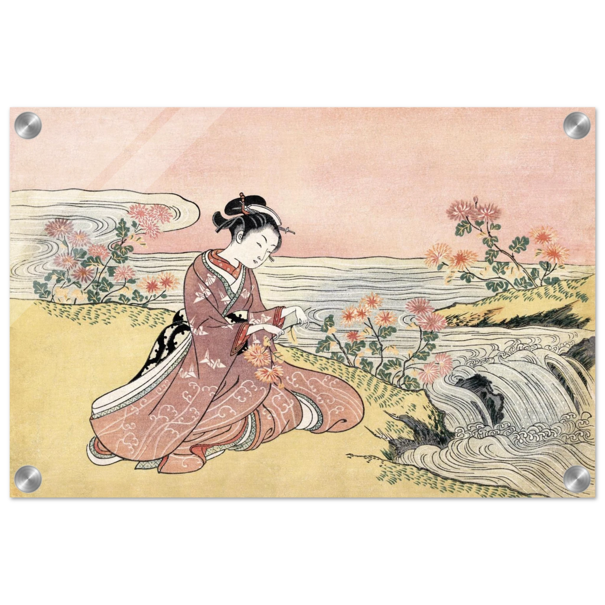 Young Woman Gathering Chrysanthemums by the Stream– Japanese Ukiyo - e Wall Art Print - Acrylic Print - 30x45 cm / 12x18″ - 
