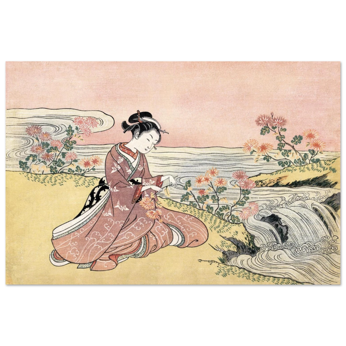 Young Woman Gathering Chrysanthemums by the Stream– Japanese Ukiyo - e Wall Art Print - Fine Art Poster - 40x60 cm / 16x24″ - 