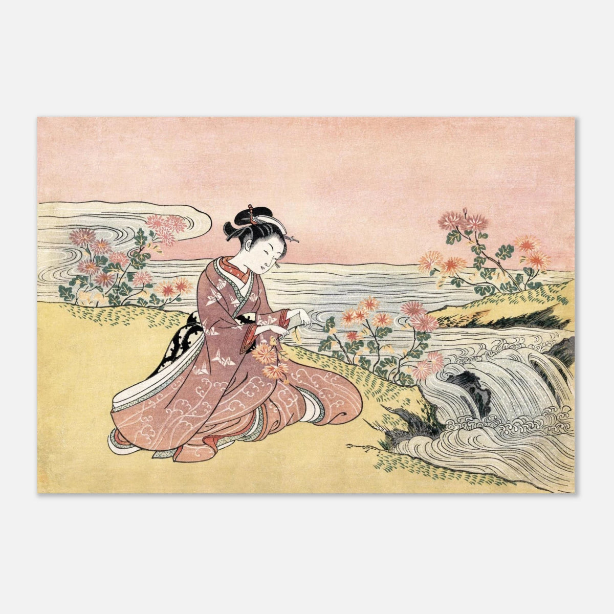 Young Woman Gathering Chrysanthemums by the Stream– Japanese Ukiyo - e Wall Art Print - Aluminum Print - 70x100 cm / 28x40″ - 