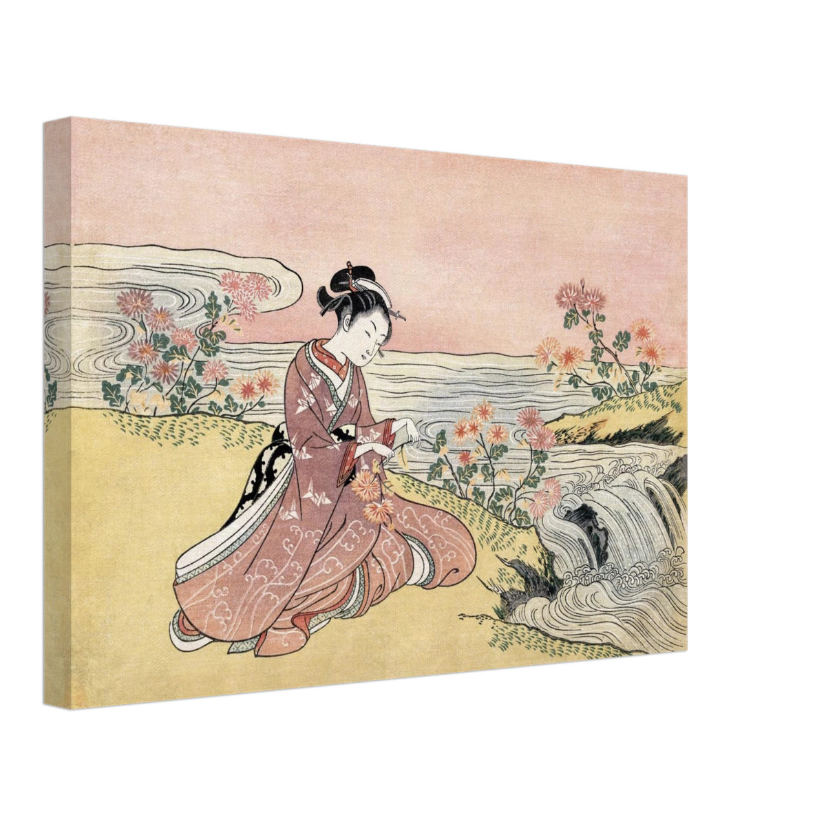 Young Woman Gathering Chrysanthemums by the Stream– Japanese Ukiyo - e Wall Art Print - Canvas - 30x45 cm / 12x18″ - 