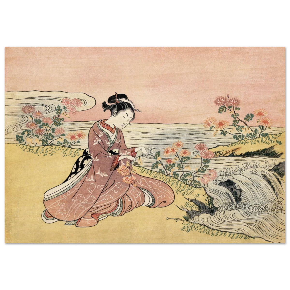 Young Woman Gathering Chrysanthemums by the Stream– Japanese Ukiyo - e Wall Art Print - Wood Prints - 70x100 cm / 28x40″ - 