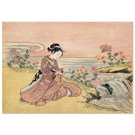 Young Woman Gathering Chrysanthemums by the Stream– Japanese Ukiyo - e Wall Art Print - Wood Prints - 70x100 cm / 28x40″ - 