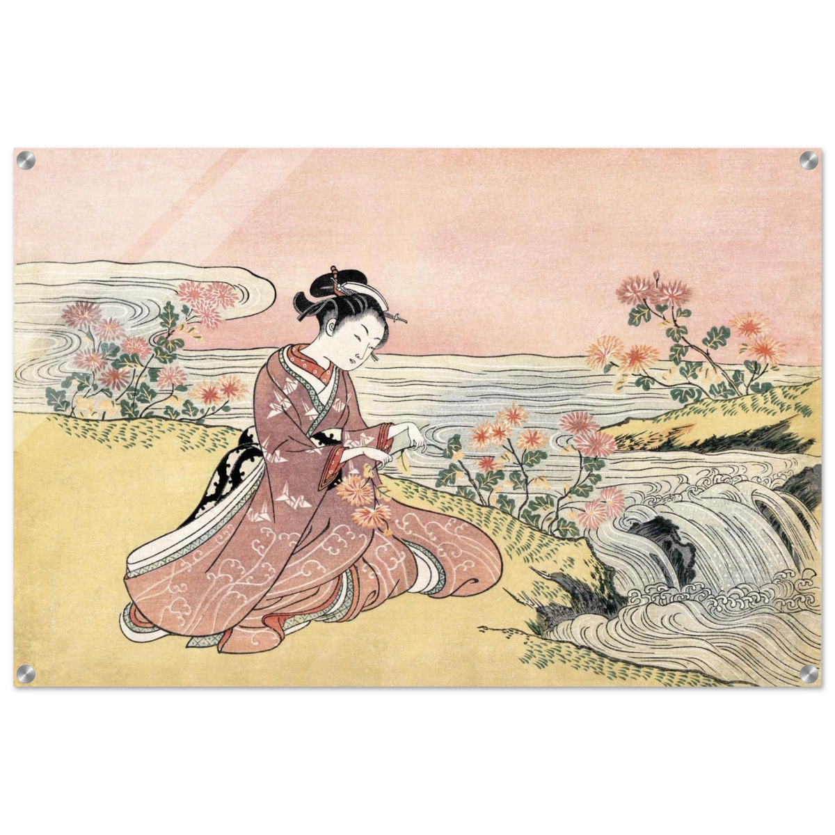 Young Woman Gathering Chrysanthemums by the Stream– Japanese Ukiyo - e Wall Art Print - Acrylic Print - 60x90 cm / 24x36″ - 
