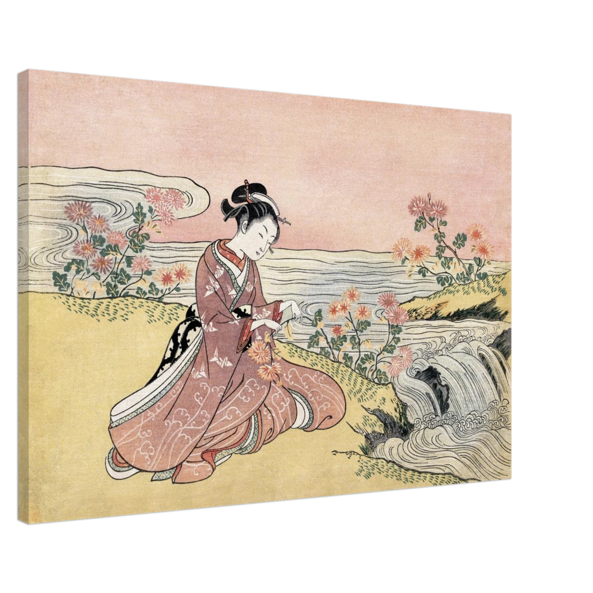 Young Woman Gathering Chrysanthemums by the Stream– Japanese Ukiyo - e Wall Art Print - Canvas - 60x90 cm / 24x36″ - 