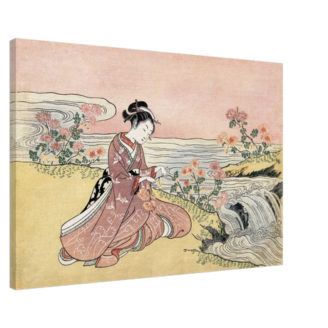Young Woman Gathering Chrysanthemums by the Stream– Japanese Ukiyo - e Wall Art Print - Canvas - 60x90 cm / 24x36″ - 