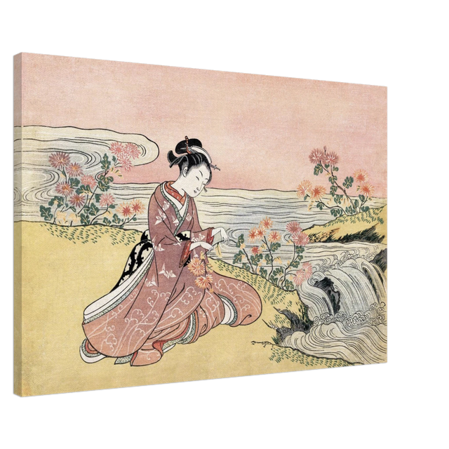Young Woman Gathering Chrysanthemums by the Stream– Japanese Ukiyo - e Wall Art Print - Canvas - 60x90 cm / 24x36″ - 