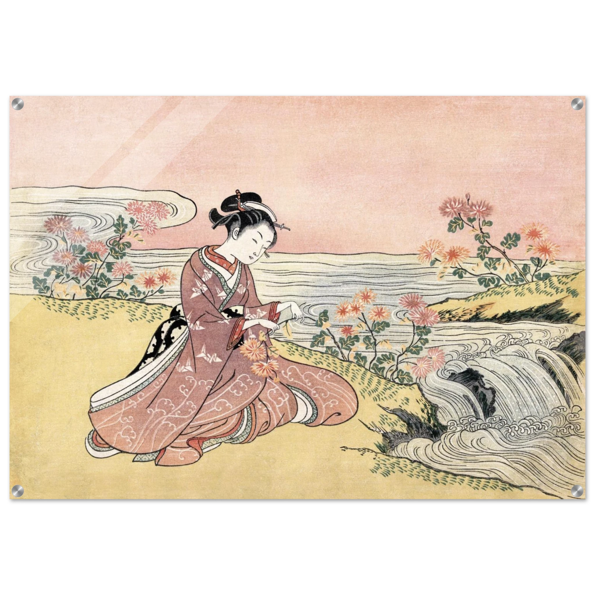 Young Woman Gathering Chrysanthemums by the Stream– Japanese Ukiyo - e Wall Art Print - Acrylic Print - 70x100 cm / 28x40″ - 