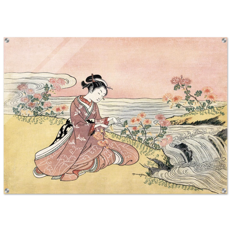 Young Woman Gathering Chrysanthemums by the Stream– Japanese Ukiyo - e Wall Art Print - Acrylic Print - 70x100 cm / 28x40″ - 