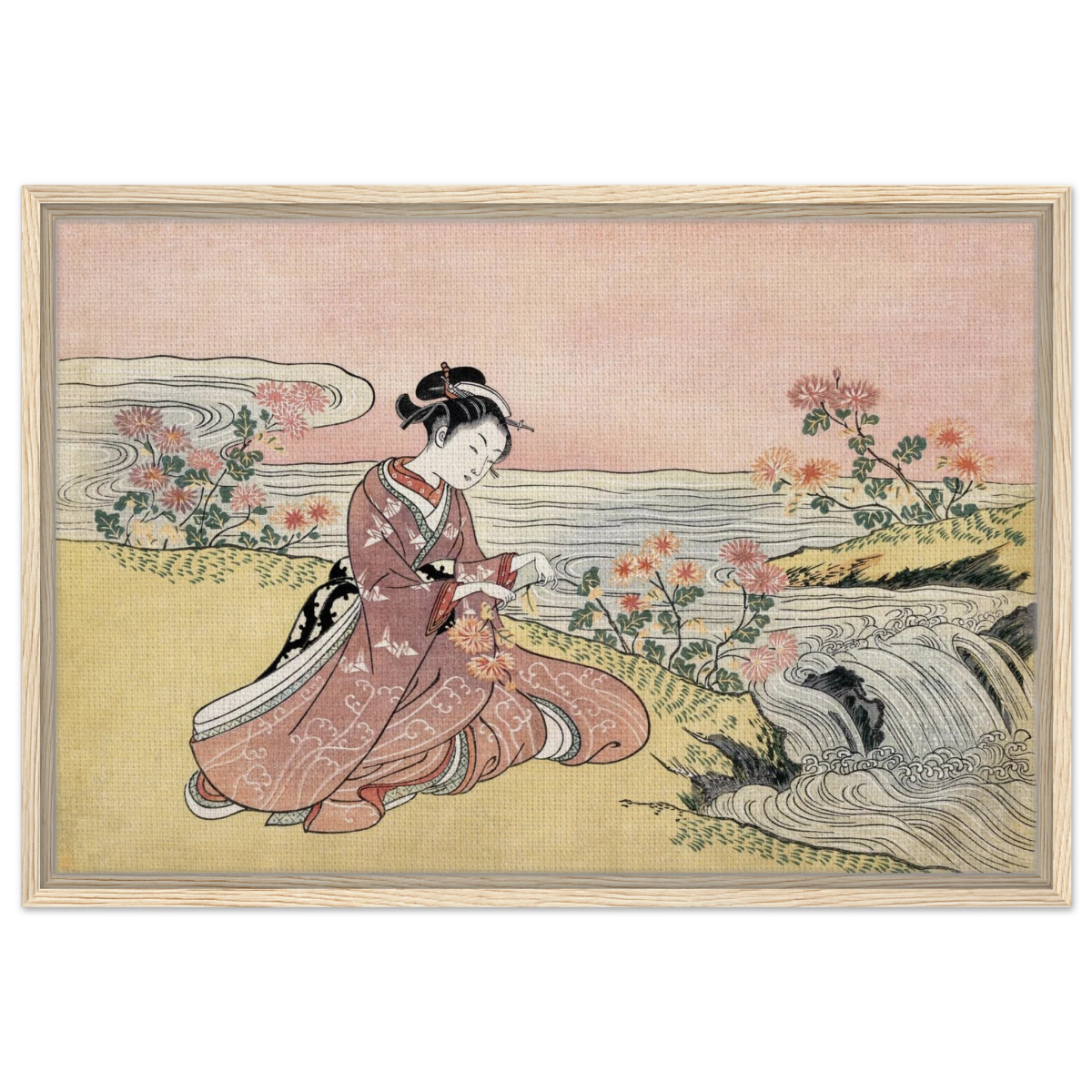 Young Woman Gathering Chrysanthemums by the Stream– Japanese Ukiyo - e Wall Art Print - Framed Canvas - 50x75 cm / 20x30″ - Wood frame