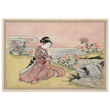 Young Woman Gathering Chrysanthemums by the Stream– Japanese Ukiyo - e Wall Art Print - Framed Canvas - 50x75 cm / 20x30″ - Wood frame
