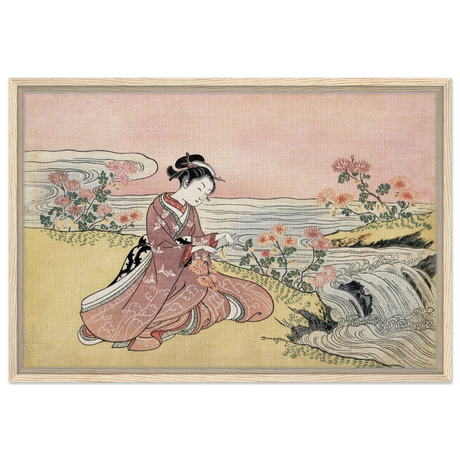 Young Woman Gathering Chrysanthemums by the Stream– Japanese Ukiyo - e Wall Art Print - Framed Canvas - 50x75 cm / 20x30″ - Wood frame