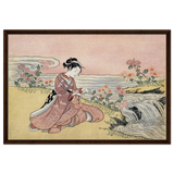 Young Woman Gathering Chrysanthemums by the Stream– Japanese Ukiyo - e Wall Art Print - Framed Canvas - 60x90 cm / 24x36″ - Dark wood frame