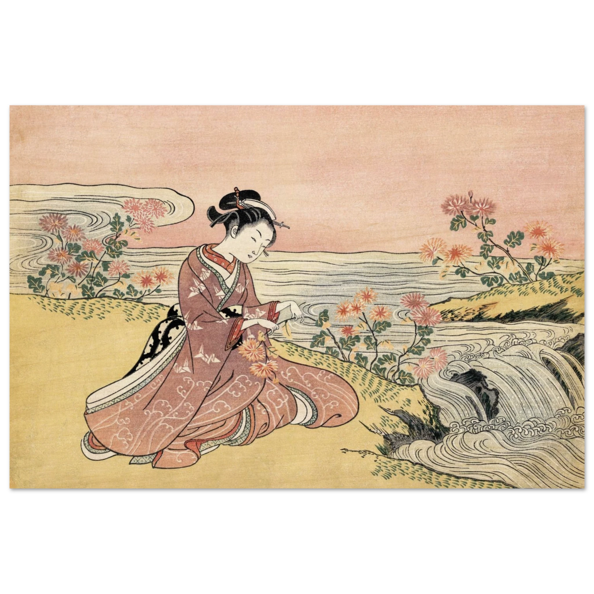 Young Woman Gathering Chrysanthemums by the Stream– Japanese Ukiyo - e Wall Art Print - Wood Prints - 20x30 cm / 8x12″ - 