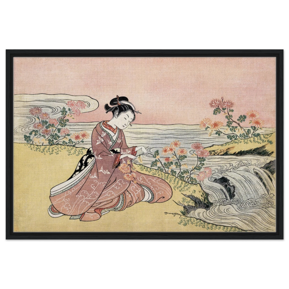 Young Woman Gathering Chrysanthemums by the Stream– Japanese Ukiyo - e Wall Art Print - Framed Canvas - 60x90 cm / 24x36″ - Black frame