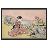 Young Woman Gathering Chrysanthemums by the Stream– Japanese Ukiyo - e Wall Art Print - Framed Canvas - 60x90 cm / 24x36″ - Black frame