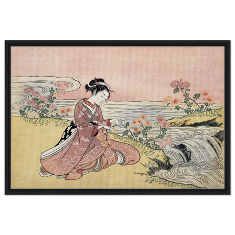Young Woman Gathering Chrysanthemums by the Stream– Japanese Ukiyo - e Wall Art Print - Framed Canvas - 60x90 cm / 24x36″ - Black frame