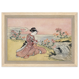 Young Woman Gathering Chrysanthemums by the Stream– Japanese Ukiyo - e Wall Art Print - Framed Canvas - 20x30 cm / 8x12″ - Wood frame