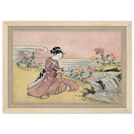 Young Woman Gathering Chrysanthemums by the Stream– Japanese Ukiyo - e Wall Art Print - Framed Canvas - 20x30 cm / 8x12″ - Wood frame