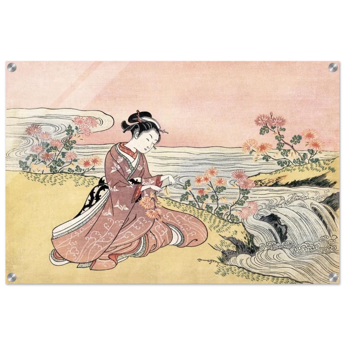 Young Woman Gathering Chrysanthemums by the Stream– Japanese Ukiyo - e Wall Art Print - Acrylic Print - 50x75 cm / 20x30″ - 