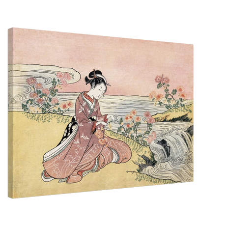 Young Woman Gathering Chrysanthemums by the Stream– Japanese Ukiyo - e Wall Art Print - Canvas - 50x75 cm / 20x30″ - 