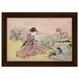 Young Woman Gathering Chrysanthemums by the Stream– Japanese Ukiyo - e Wall Art Print - Framed Canvas - 20x30 cm / 8x12″ - Dark wood frame