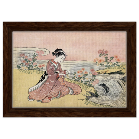 Young Woman Gathering Chrysanthemums by the Stream– Japanese Ukiyo - e Wall Art Print - Framed Canvas - 20x30 cm / 8x12″ - Dark wood frame