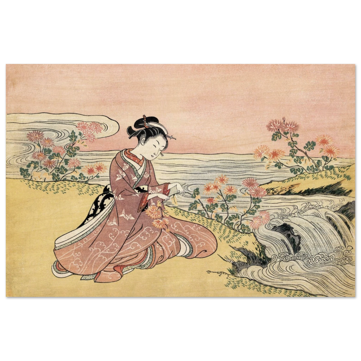 Young Woman Gathering Chrysanthemums by the Stream– Japanese Ukiyo - e Wall Art Print - Wood Prints - 30x45 cm / 12x18″ - 