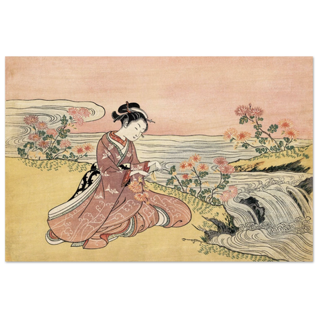 Young Woman Gathering Chrysanthemums by the Stream– Japanese Ukiyo - e Wall Art Print - Wood Prints - 30x45 cm / 12x18″ - 