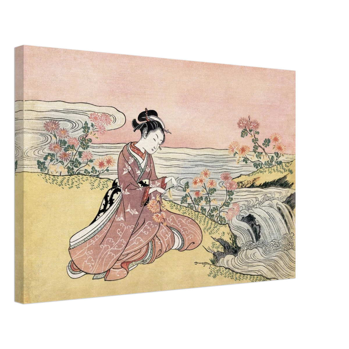 Young Woman Gathering Chrysanthemums by the Stream– Japanese Ukiyo - e Wall Art Print - Canvas - 40x60 cm / 16x24″ - 